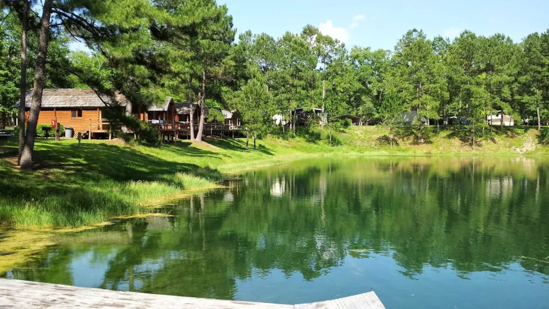 Scenic view of wooden rental cabins with private decks overlooking a calm, green lake at a Tallahassee RV resort surrounded by tall pine trees.