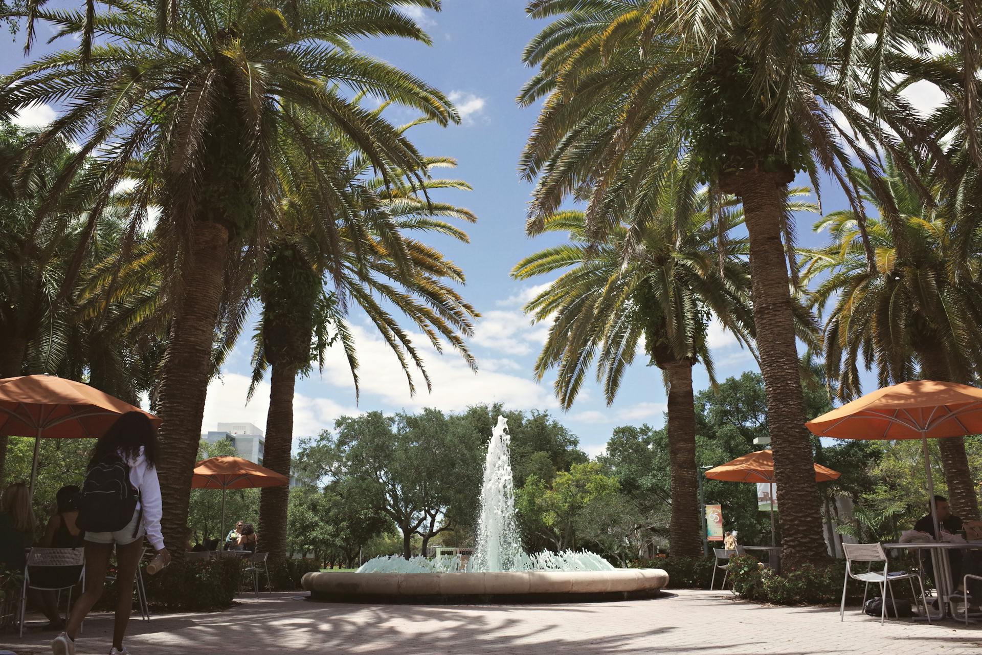 A circular outdoor water fountain spraying water upward, flanked by tall palm trees and patio seating with orange umbrellas in Tallahassee, Florida.