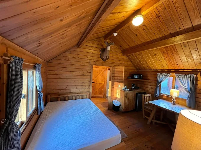 Interior of a cozy wooden log cabin at Tallahassee East Campground featuring a queen bed, vaulted ceilings, a kitchenette, and rustic wood-paneled walls.