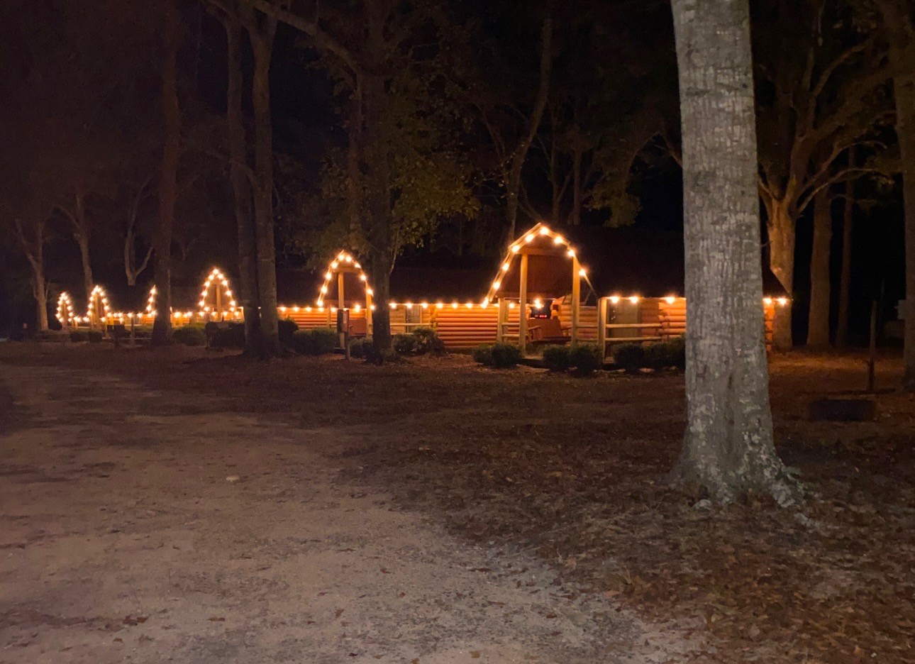 A row of log cabins illuminated by warm string lights along the rooflines at night under dark trees at Tallahassee East RV Park.