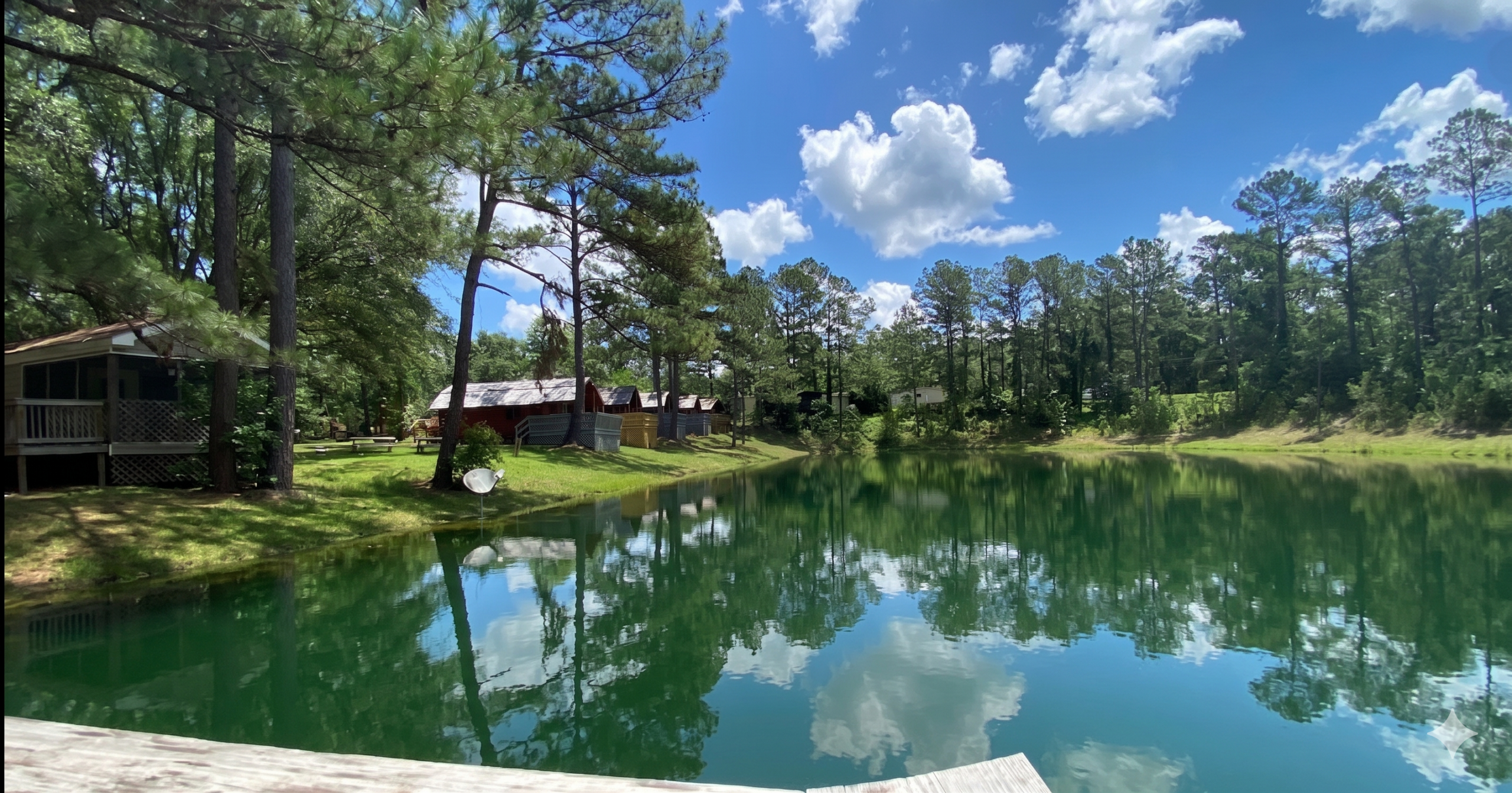 A row of rustic vacation cabins with wooden decks facing a calm green pond that reflects the blue sky and trees at Tallahassee East Campground.